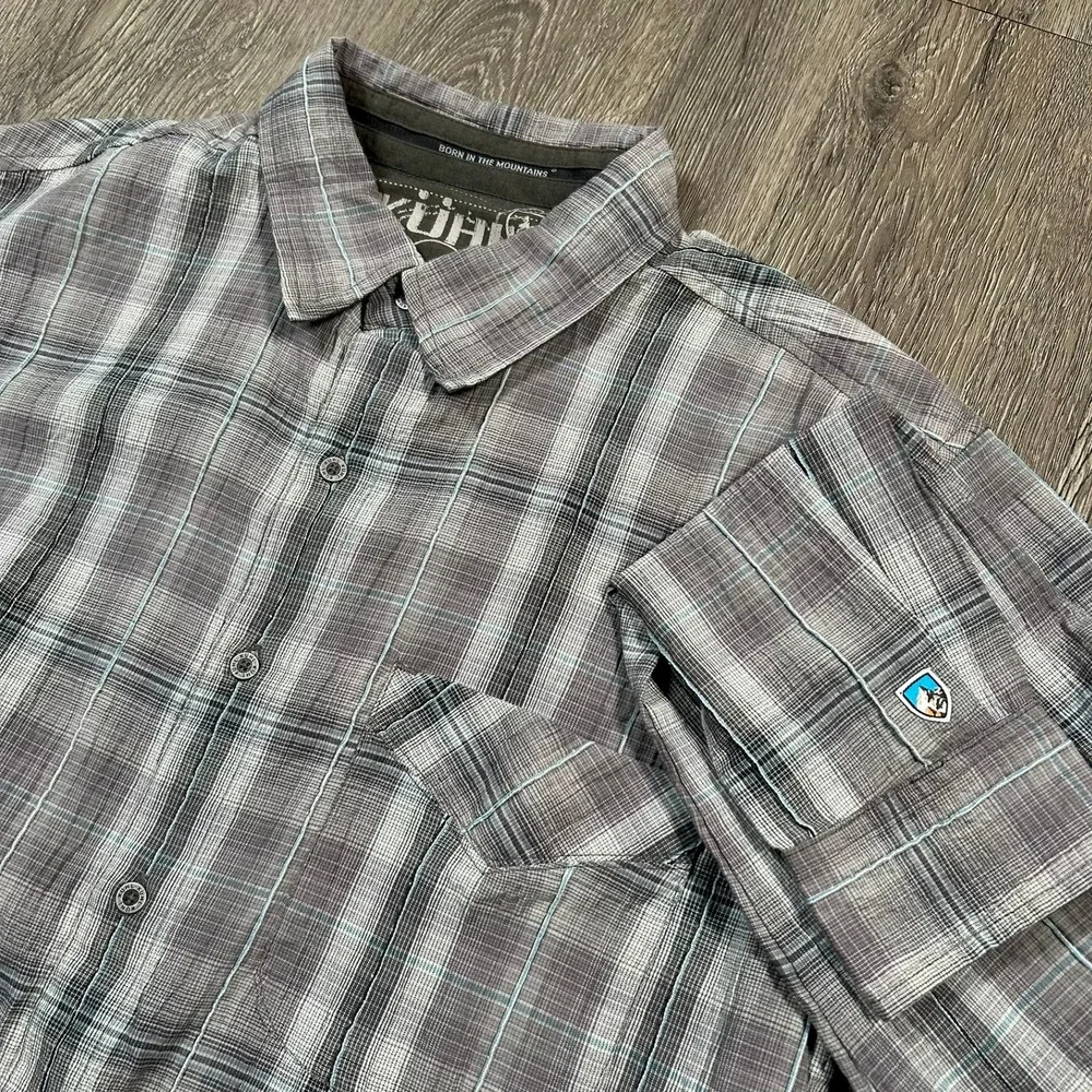 KUHL Button Down Shirt Large Grey Plaid Long Sleeve Mountain Grown Stretch